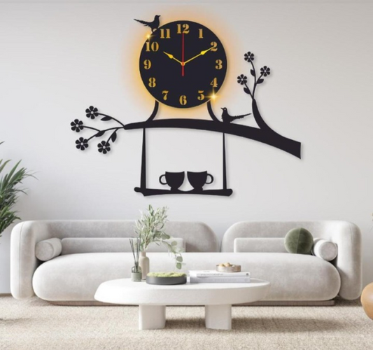 Beautiful Bird Design Laminated Wall Clock With Backlight (black Color )